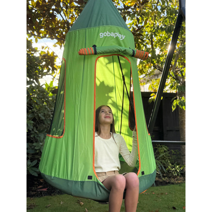 gobaplay Single Swing Set Frame with FlyMax 40" Round Saucer and Hanging Tent