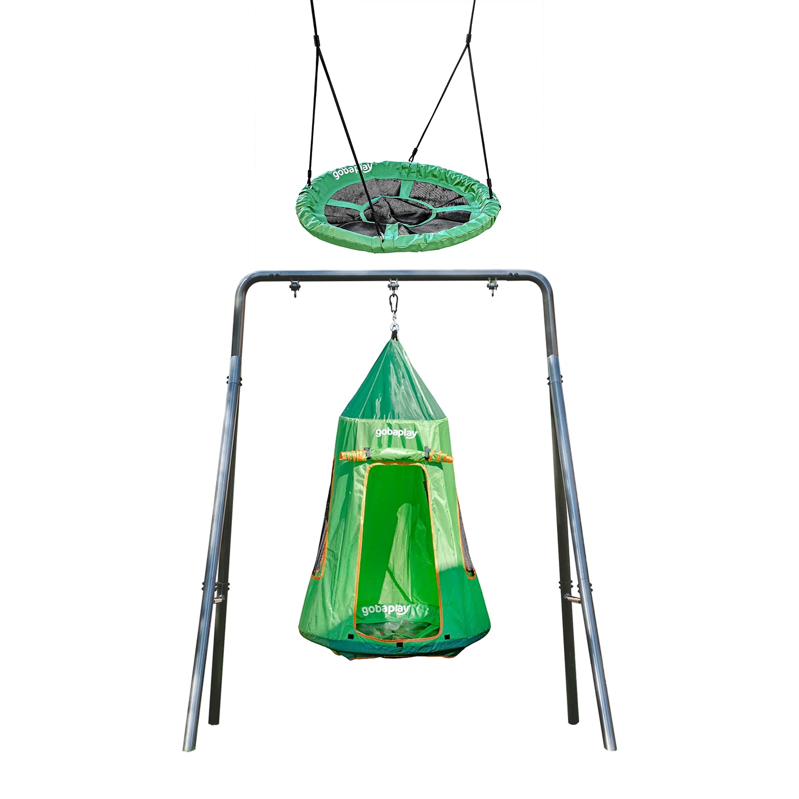 gobaplay Single Swing Set Frame with FlyMax 40" Round Saucer and Hanging Tent - VMInnovations