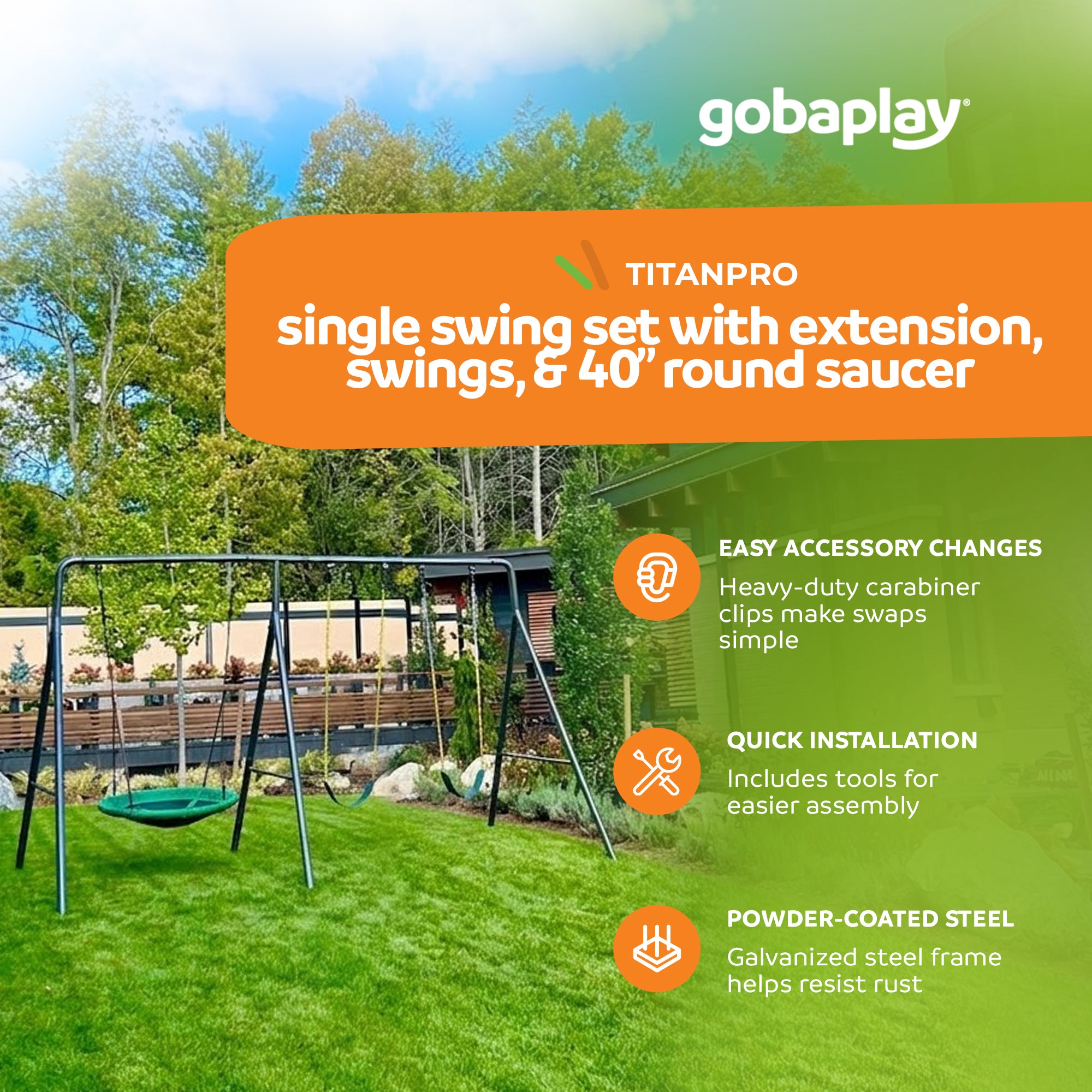 gobaplay Single Swing Set with 6' Frame Extension, Swings, and 40" Round Saucer