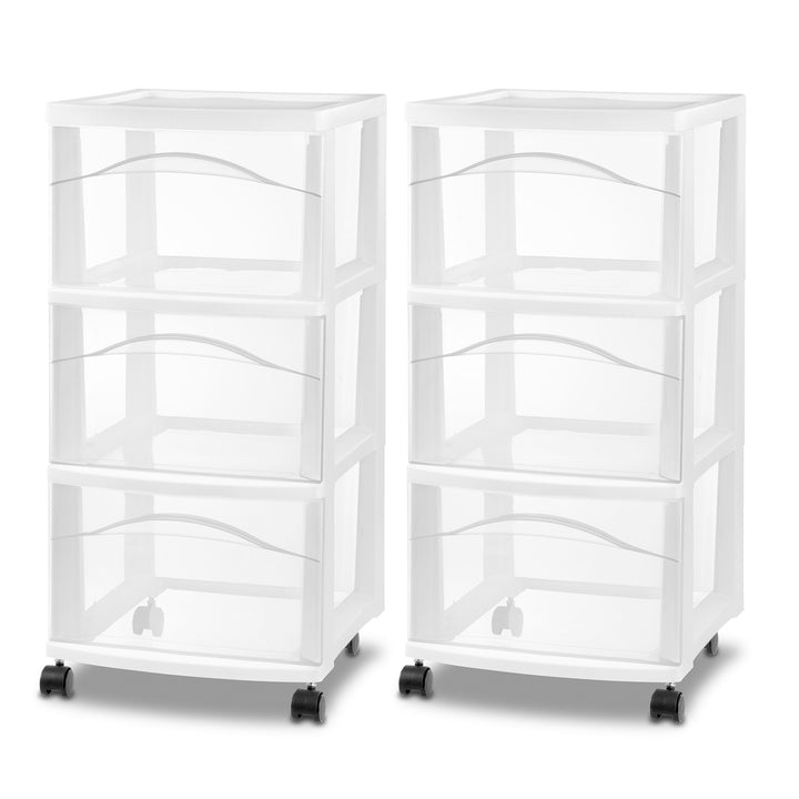 Sterilite 3 Drawer Storage Cart, Plastic Rolling Medium Organizer, White, 2 Pack