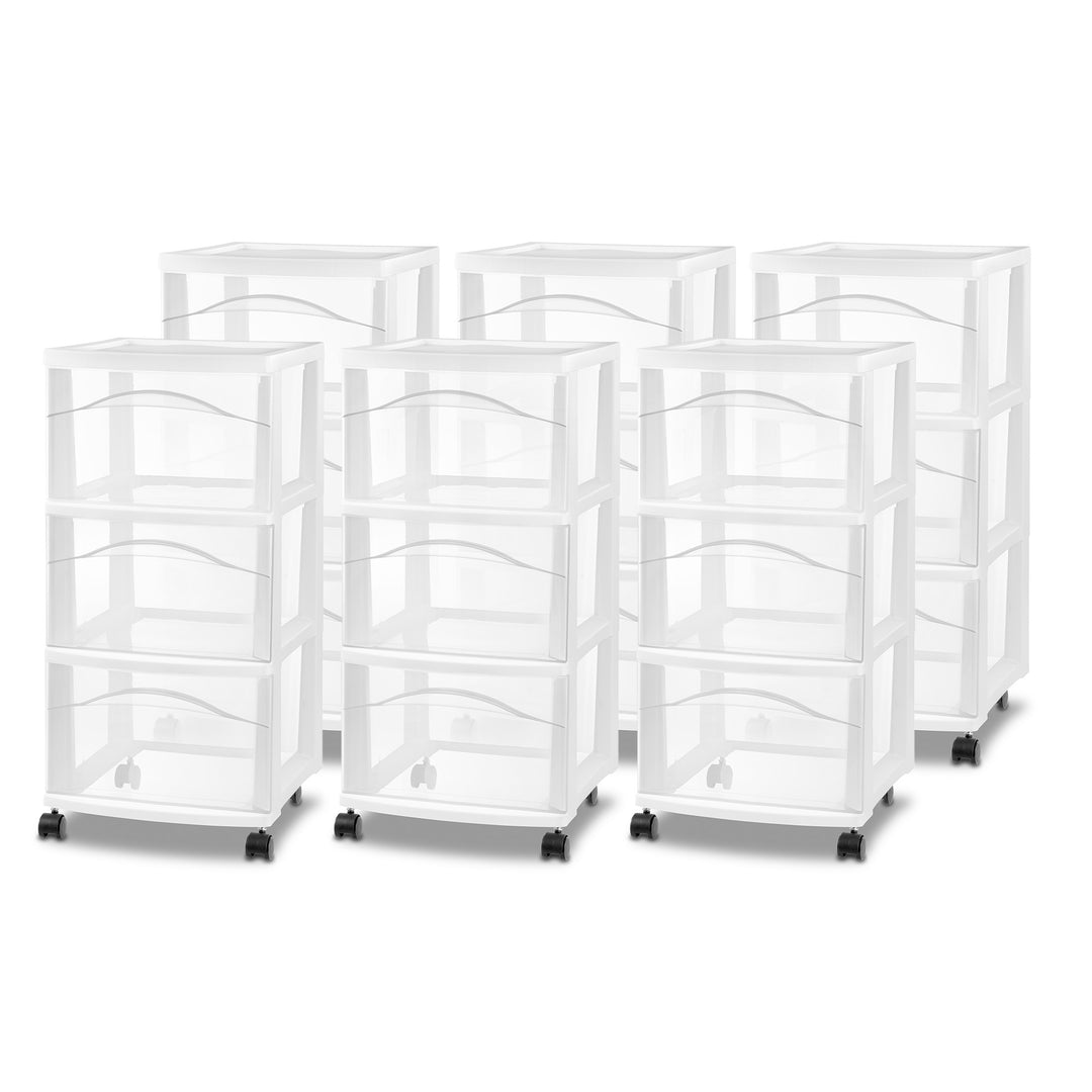 Sterilite 3 Drawer Storage Cart, Plastic Rolling Medium Organizer, White, 6 Pack