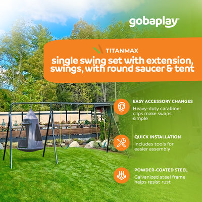 gobaplay Swing Set with 8' Frame Extension, Swings, 40" Saucer, & Hanging Tent - VMInnovations