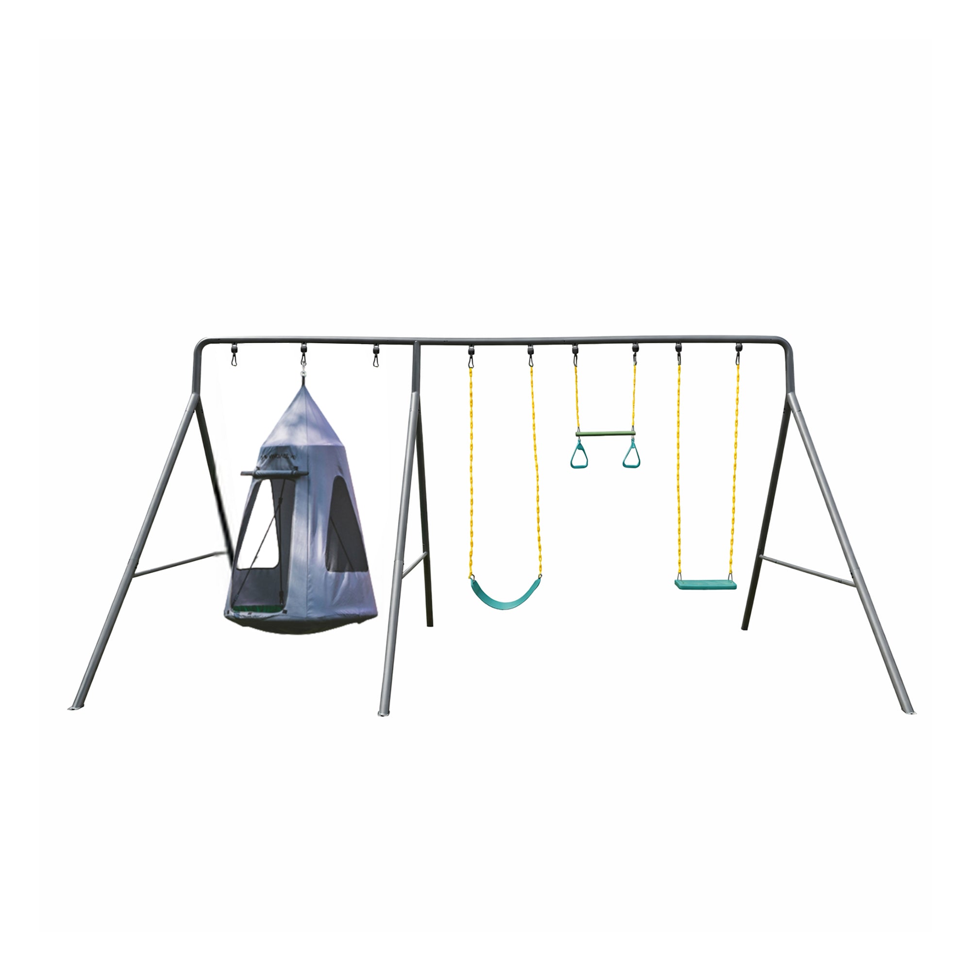 gobaplay Swing Set with 8' Frame Extension, Swings, 40" Saucer, & Hanging Tent - VMInnovations