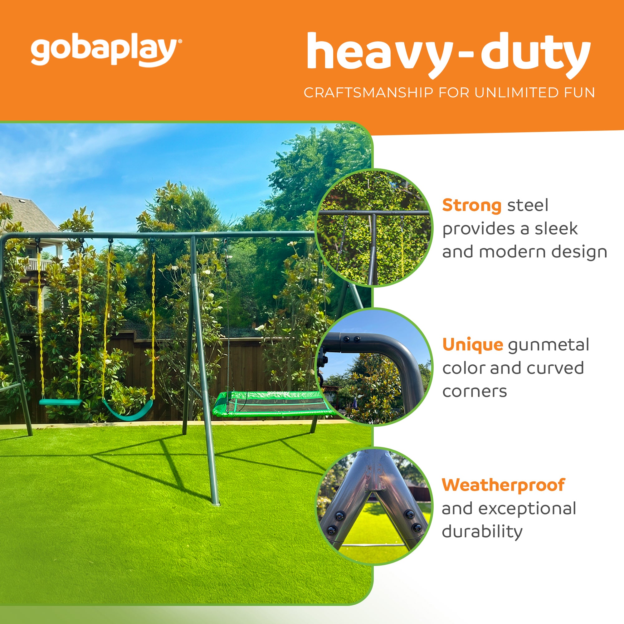 gobaplay Single Swing Playground Set with 6' Frame Extension & Rectangle Swing