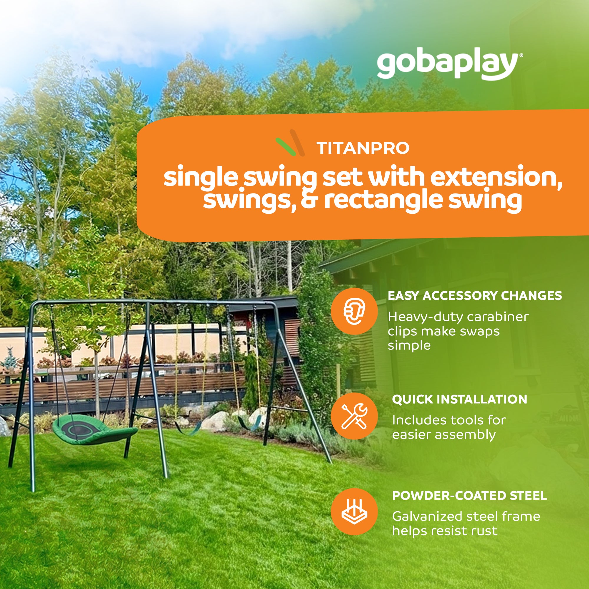 gobaplay Single Swing Playground Set with 6' Frame Extension and Boat Swing - VMInnovations