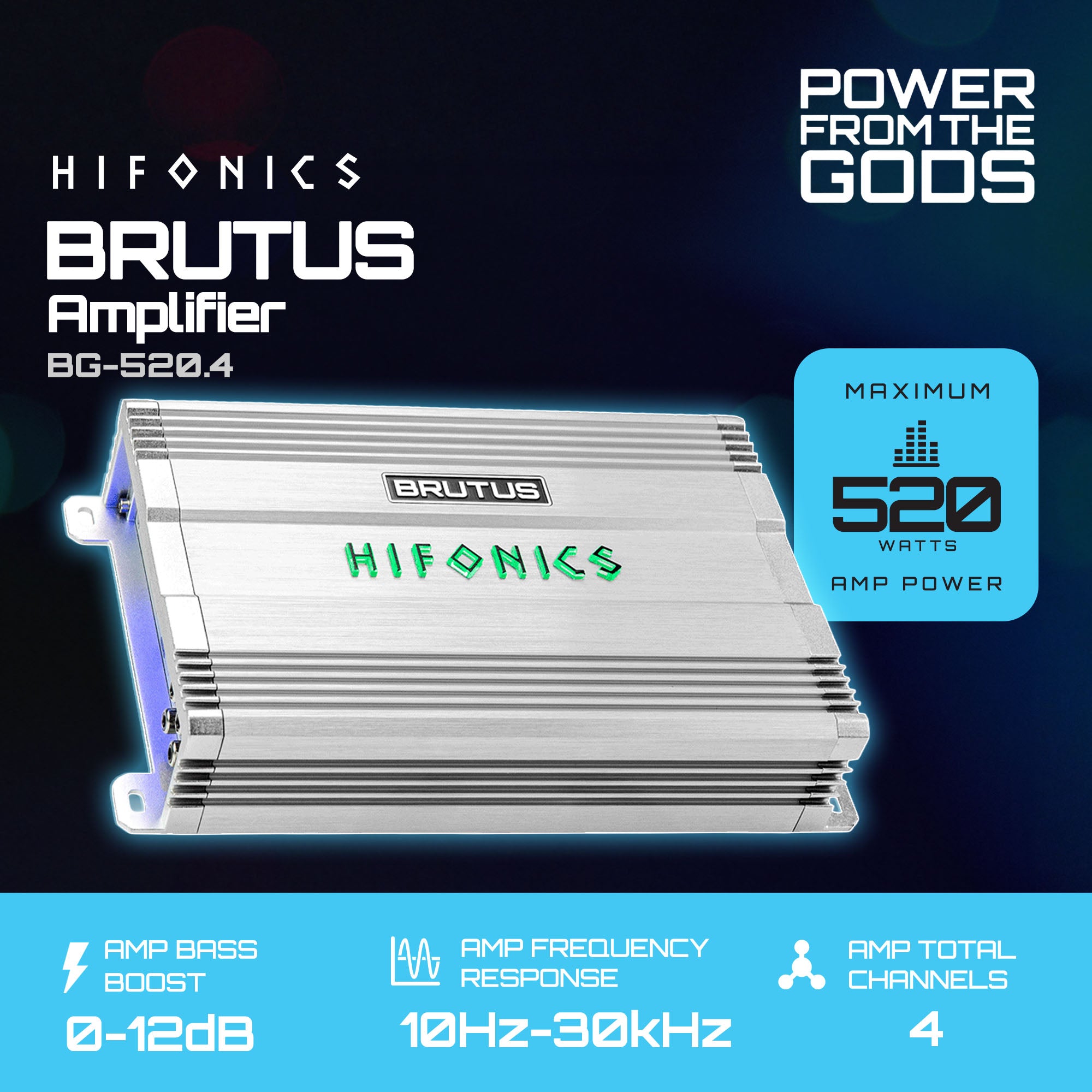 Hifonics Brutus BG 520 Watt 4 Channel Amplifier with Built-In UV Meter, Silver - VMInnovations