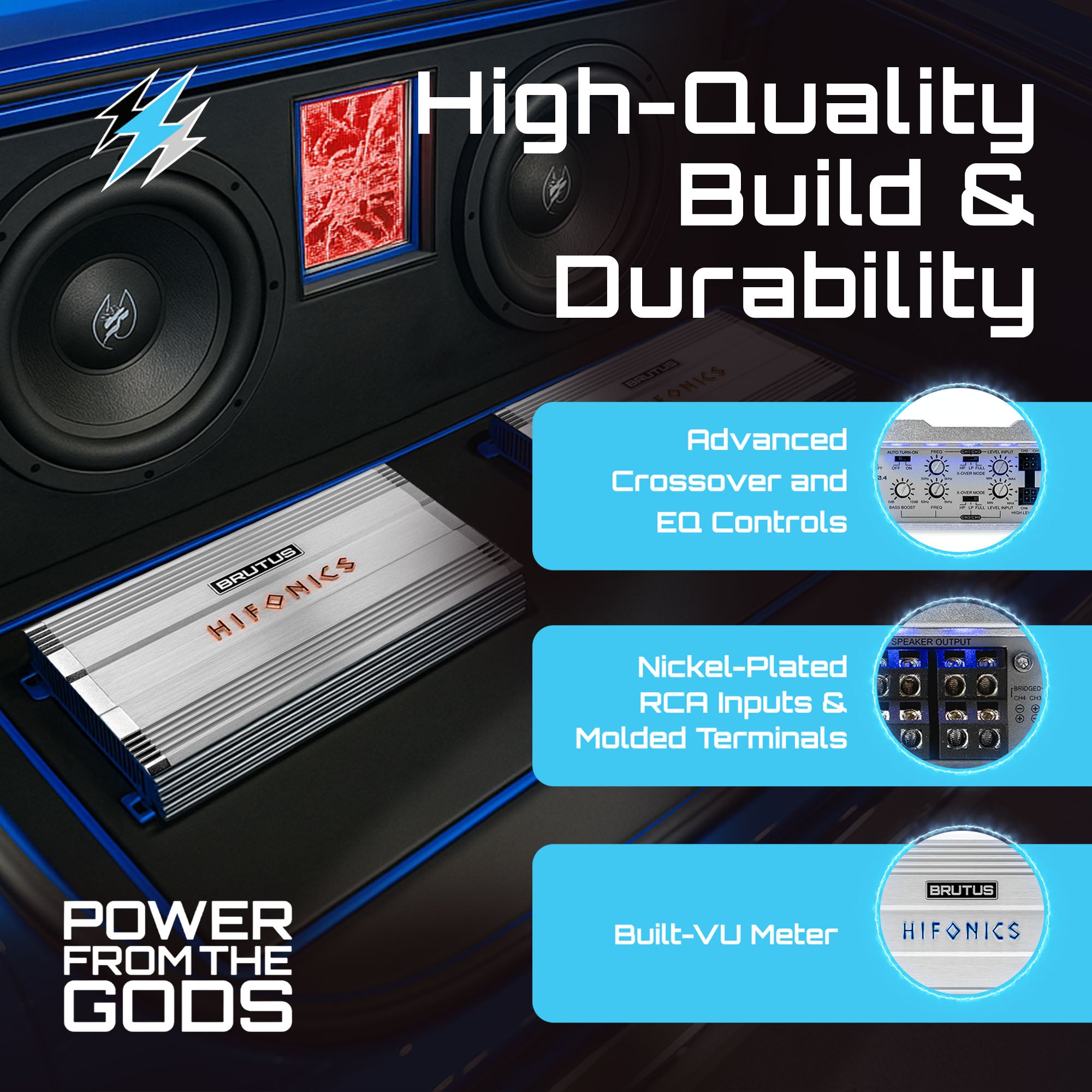 Hifonics Brutus BG 1100 Watt 4 Channel Amplifier with Built-In UV Meter, Silver - VMInnovations