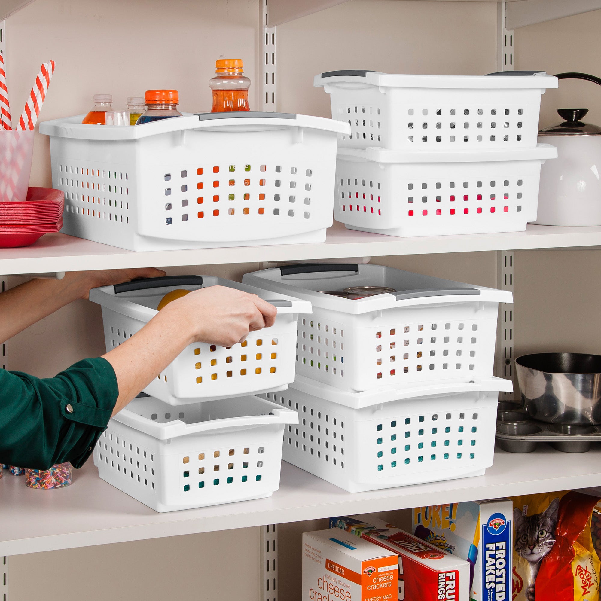 Sterilite Small Stacking Basket, Open Top Storage Bin w/ Handles, 8 Pack, White
