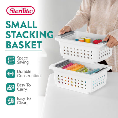 Sterilite Small Stacking Basket, Open Top Storage Bin w/ Handles, 4 Pack, White
