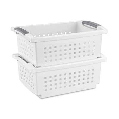 Sterilite Medium Stacking Basket, Open Top Storage Bin w Handles, 12 Pack, White