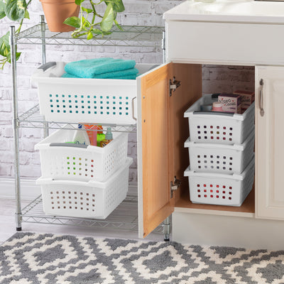Sterilite Medium Stacking Basket, Open Top Storage Bin w Handles, 12 Pack, White