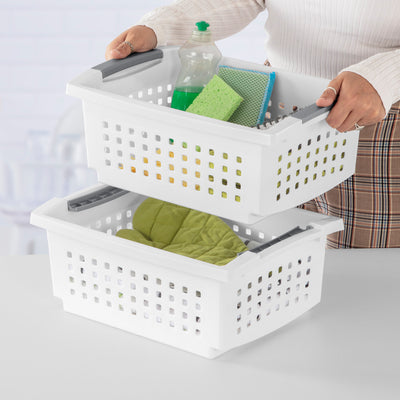 Sterilite Medium Stacking Basket, Open Top Storage Bin w Handles, 12 Pack, White