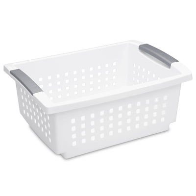 Sterilite Medium Stacking Basket, Open Top Storage Bin w Handles, 16 Pack, White