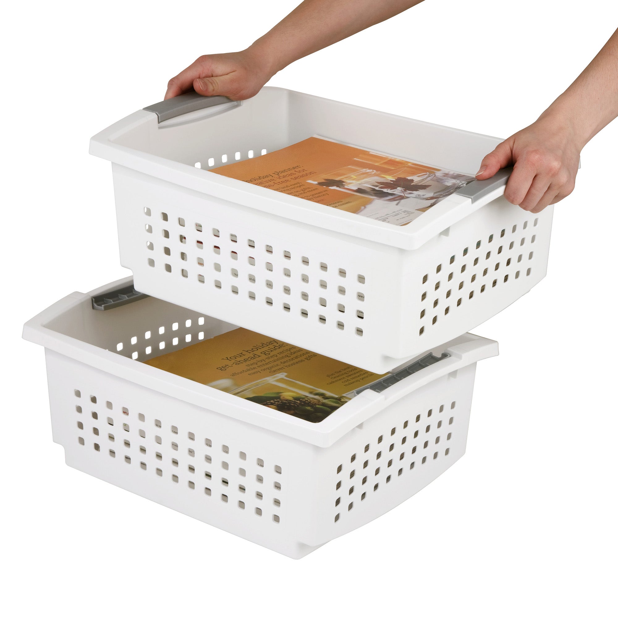 Sterilite Large Stacking Basket, Open Top Storage Bin w/ Handles, 8 Pack, White