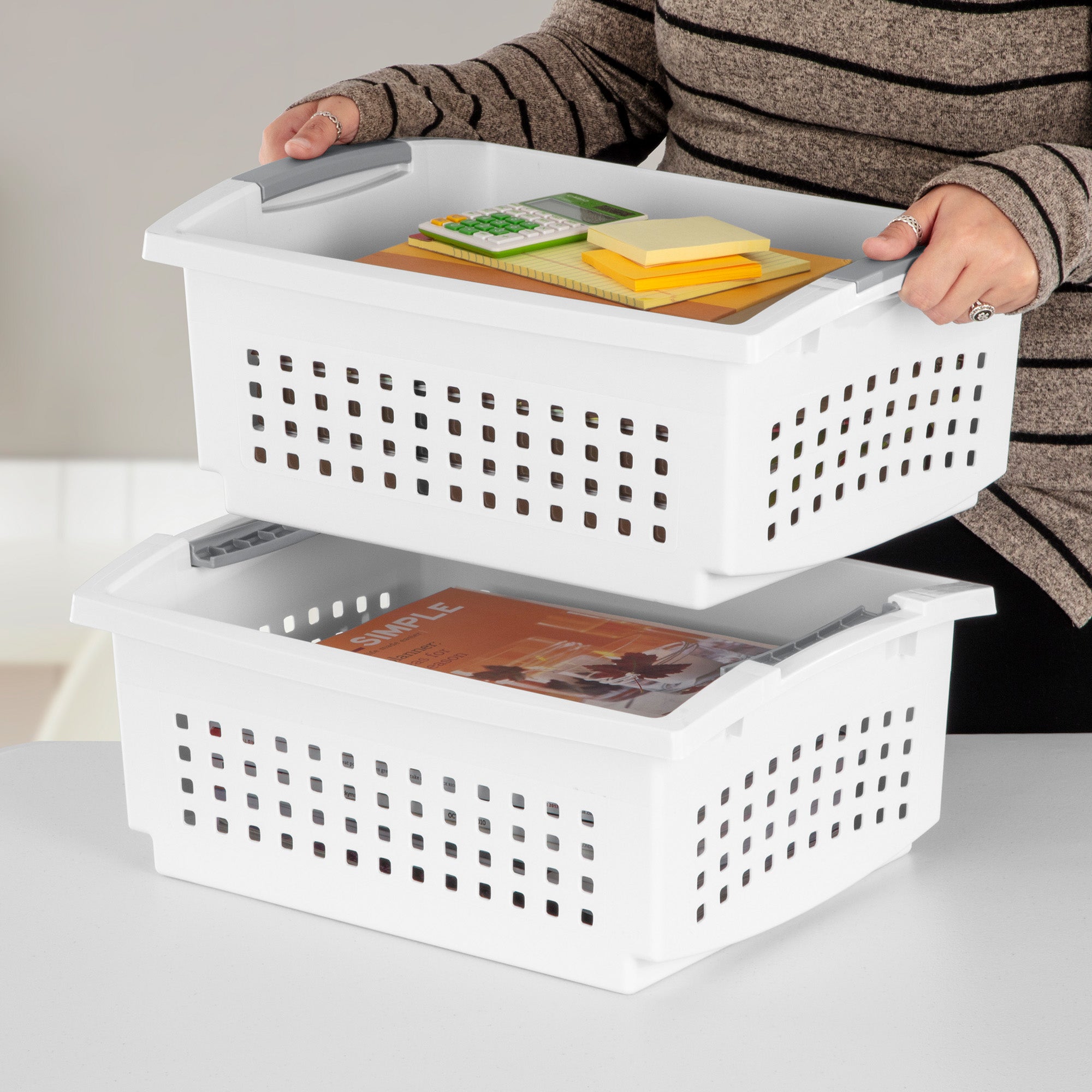 Sterilite Large Stacking Basket, Open Top Storage Bin w/ Handles, 8 Pack, White