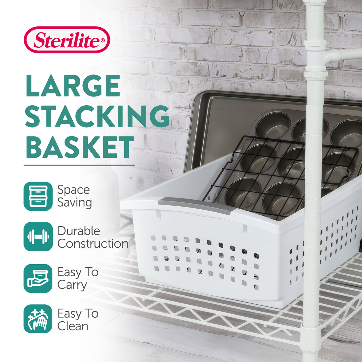 Sterilite Large Stacking Basket, Open Top Storage Bin w/ Handles, 8 Pack, White
