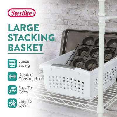 Sterilite Large Stacking Basket, Open Top Storage Bin w/ Handles, 12 Pack, White
