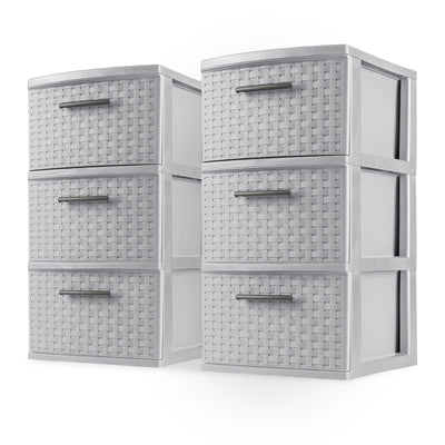 Sterilite 3 Drawer Storage Tower, Plastic Weave Medium Organizer, Cement, 2 Pack