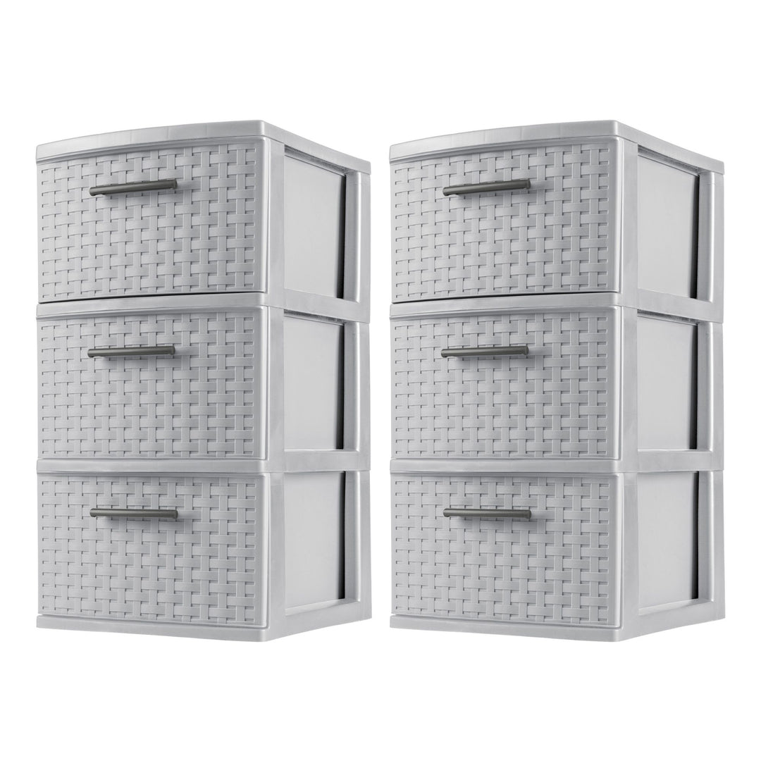 Sterilite 3 Drawer Storage Tower, Plastic Weave Medium Organizer, Cement, 2 Pack
