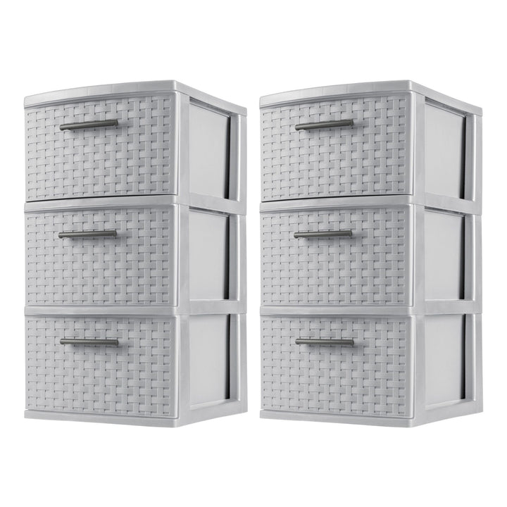 Sterilite 3 Drawer Storage Tower, Plastic Weave Medium Organizer, Cement, 2 Pack