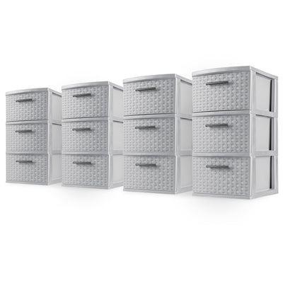 Sterilite 3 Drawer Storage Tower, Plastic Weave Medium Organizer, Cement, 4 Pack - VMInnovations