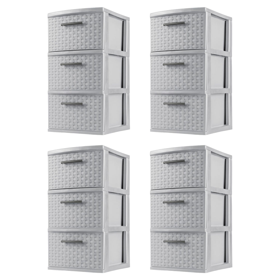 Sterilite 3 Drawer Storage Tower, Plastic Weave Medium Organizer, Cement, 4 Pack