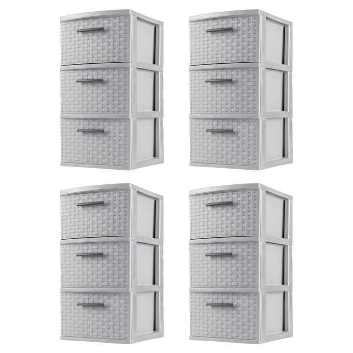 Sterilite 3 Drawer Storage Tower, Plastic Weave Medium Organizer, Cement, 4 Pack