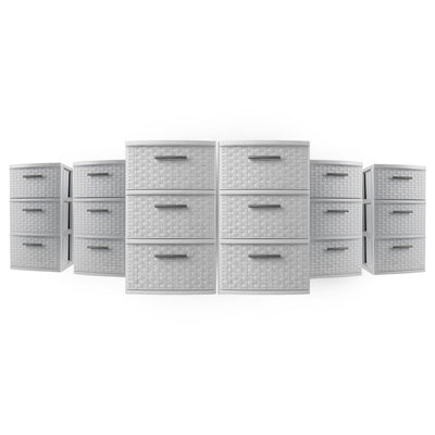 Sterilite 3 Drawer Storage Tower, Plastic Weave Medium Organizer, Cement, 6 Pack