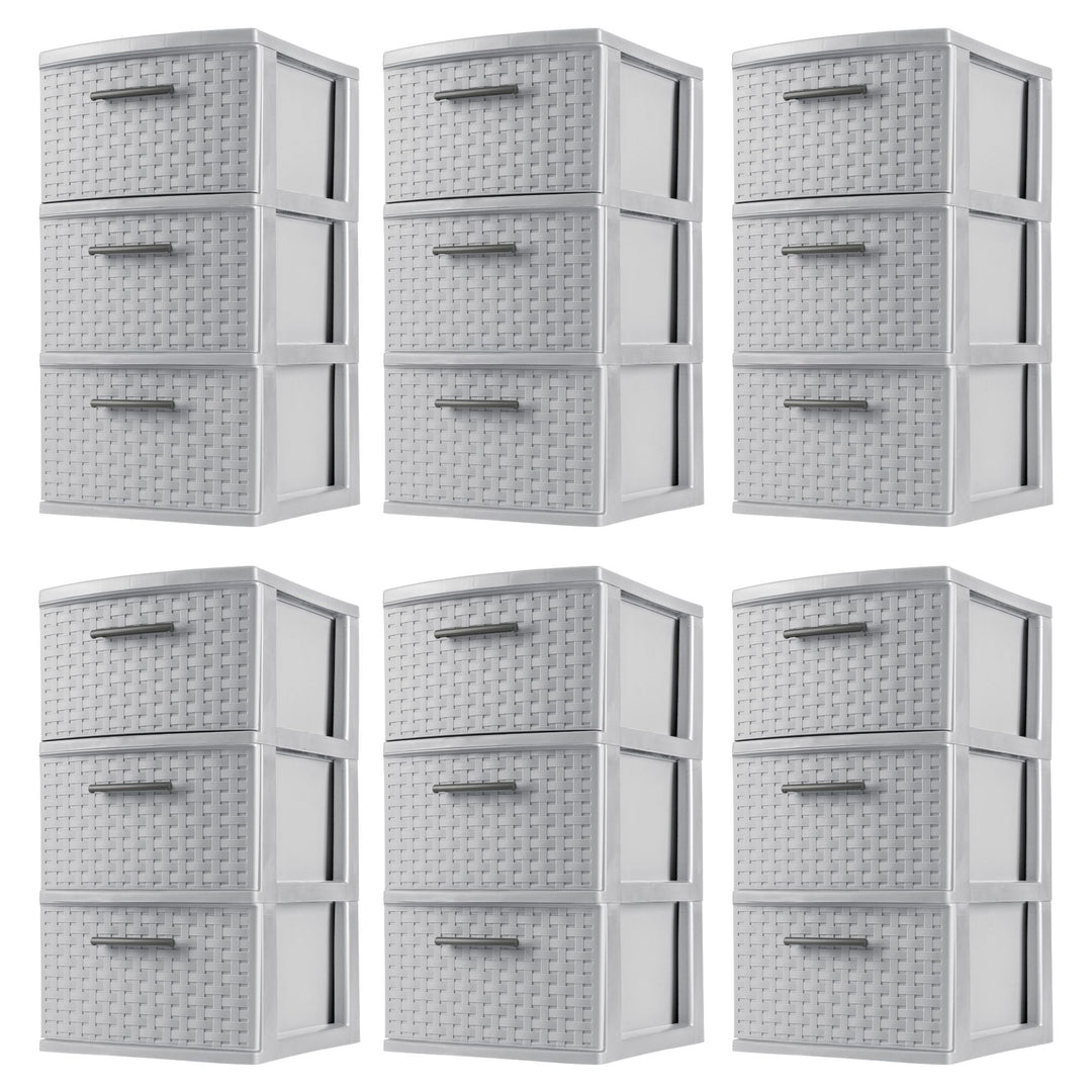 Sterilite 3 Drawer Storage Tower, Plastic Weave Medium Organizer, Cement, 6 Pack