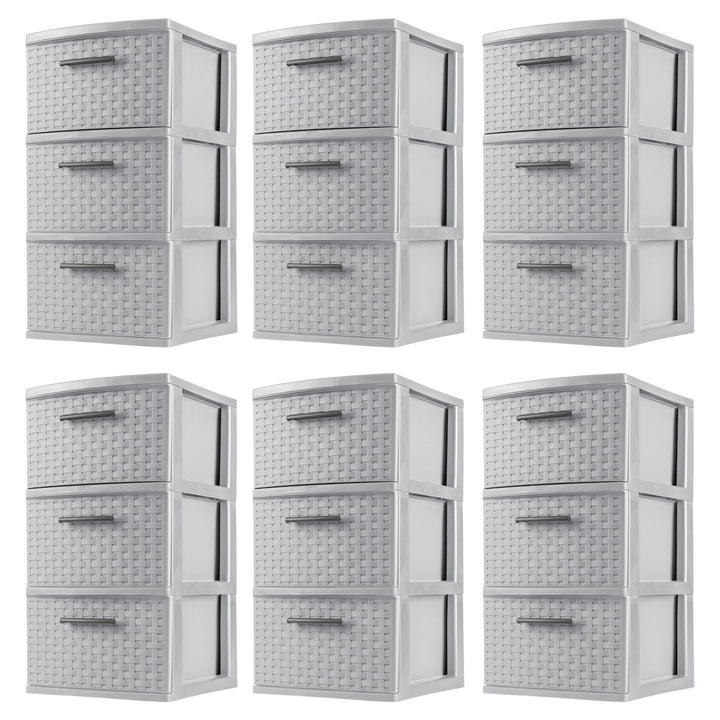 Sterilite 3 Drawer Storage Tower, Plastic Weave Medium Organizer, Cement, 6 Pack