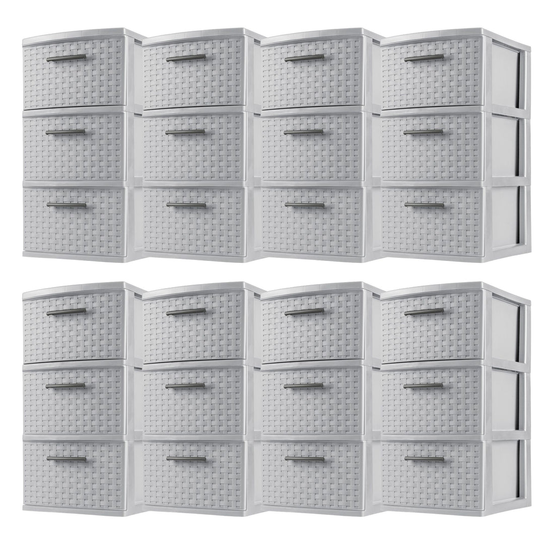 Sterilite 3 Drawer Storage Tower, Plastic Weave Medium Organizer, Cement, 8 Pack