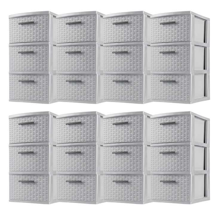 Sterilite 3 Drawer Storage Tower, Plastic Weave Medium Organizer, Cement, 8 Pack