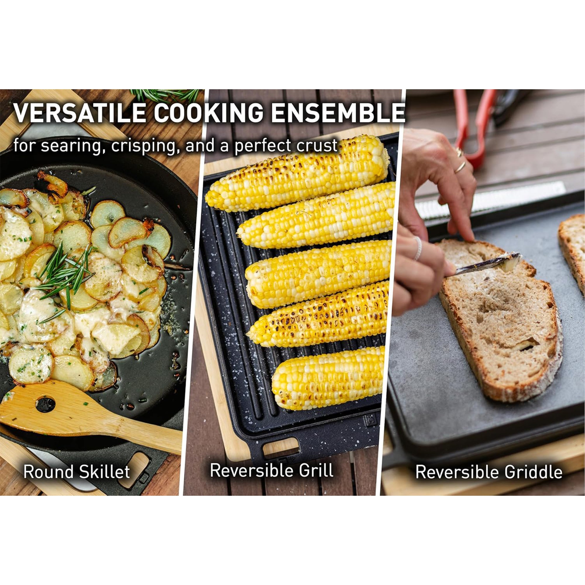 Solo Stove Pi Cast Iron Cookware Set, Skillet, Reversible Grill/Griddle, Handles