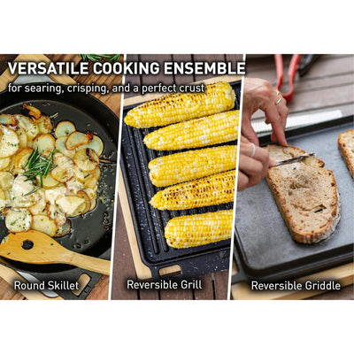 Solo Stove Pi Cast Iron Cookware Set, Skillet, Reversible Grill/Griddle, Handles