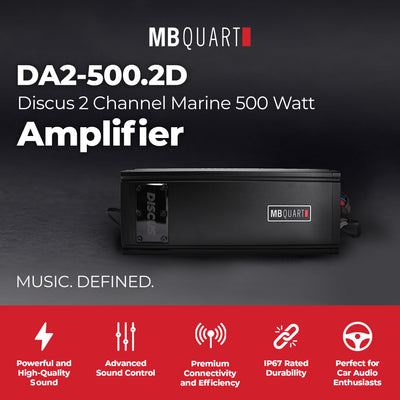 MB Quart Discus 2 Channel Marine Amplifier with Top Mounted Controls, 500 Watts - VMInnovations