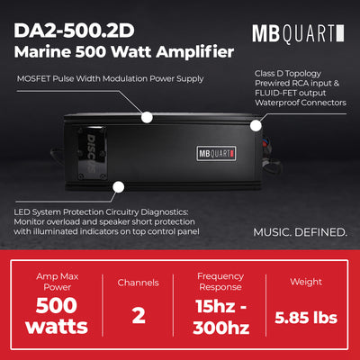 MB Quart Discus 2 Channel Marine Amplifier with Top Mounted Controls, 500 Watts - VMInnovations