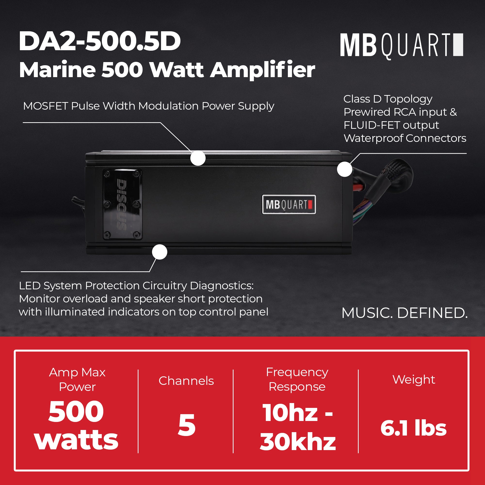 MB Quart Discus 5 Channel Marine Amplifier with Top Mounted Controls, 500 Watts - VMInnovations