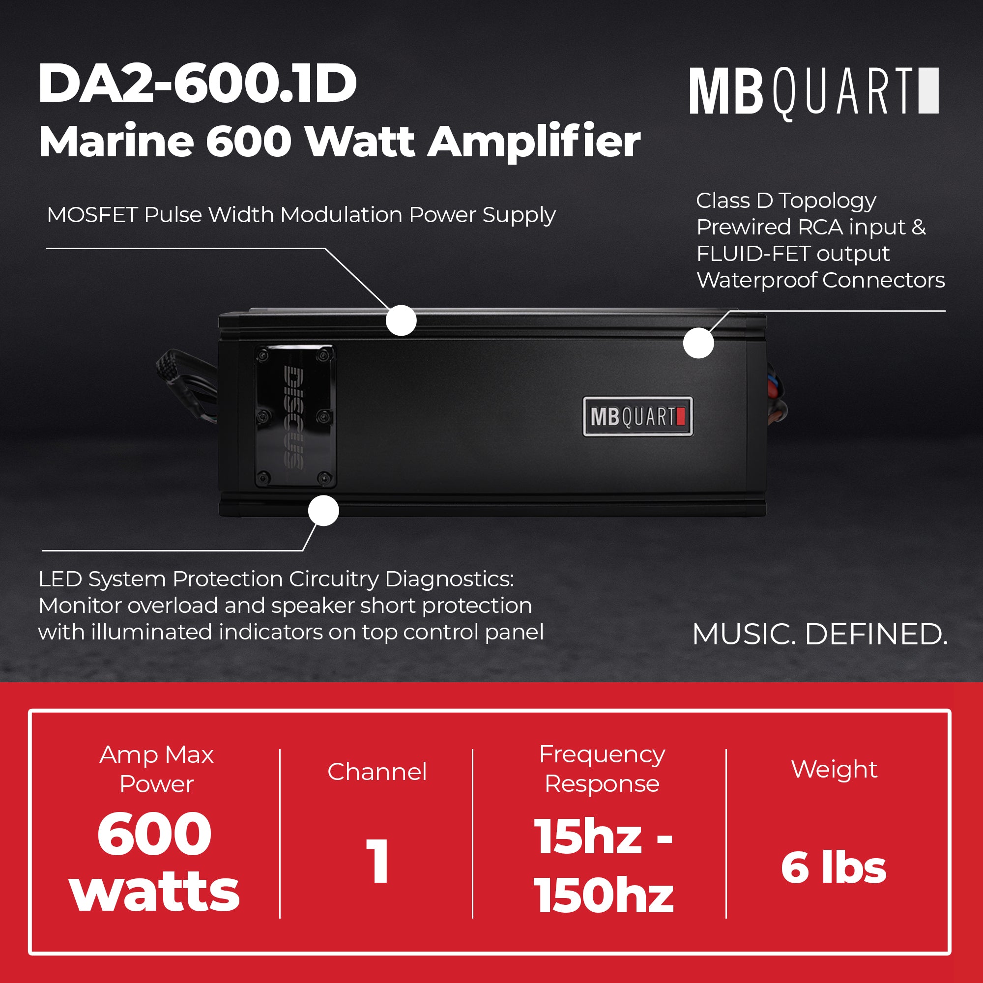 MB Quart Discus Monoblock Marine Amplifier with Top Mounted Controls, 600 Watts - VMInnovations
