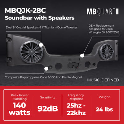 MB Quart Rear Overhead Soundbar For 07-18 Jeep Wrangler JK, Dual 8" Speakers - VMInnovations