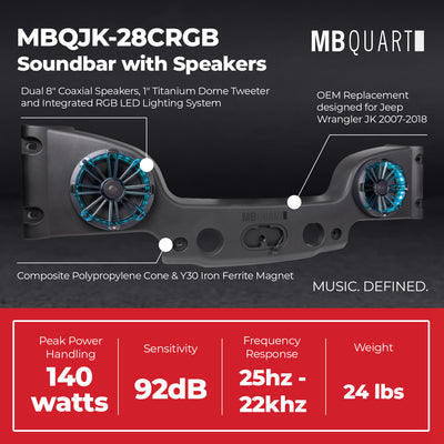 MB Quart Dual 8" Coaxial Speakers for 2007-2018 Jeep Wrangler JK, 140W Power - VMInnovations