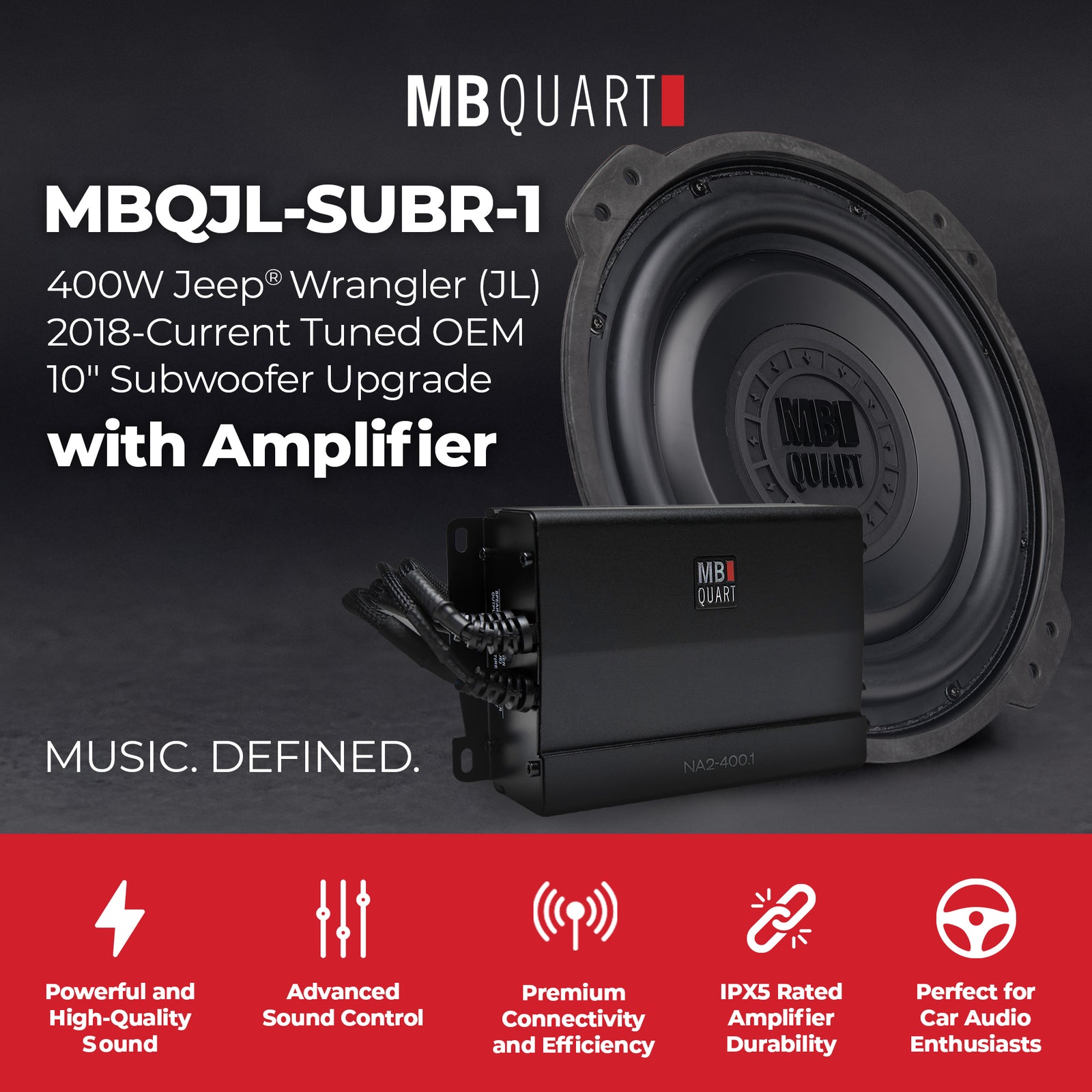 MB Quart 10" Subwoofer Upgrade for 2018-Current Jeep Wrangler JL, 400W Amplifier - VMInnovations