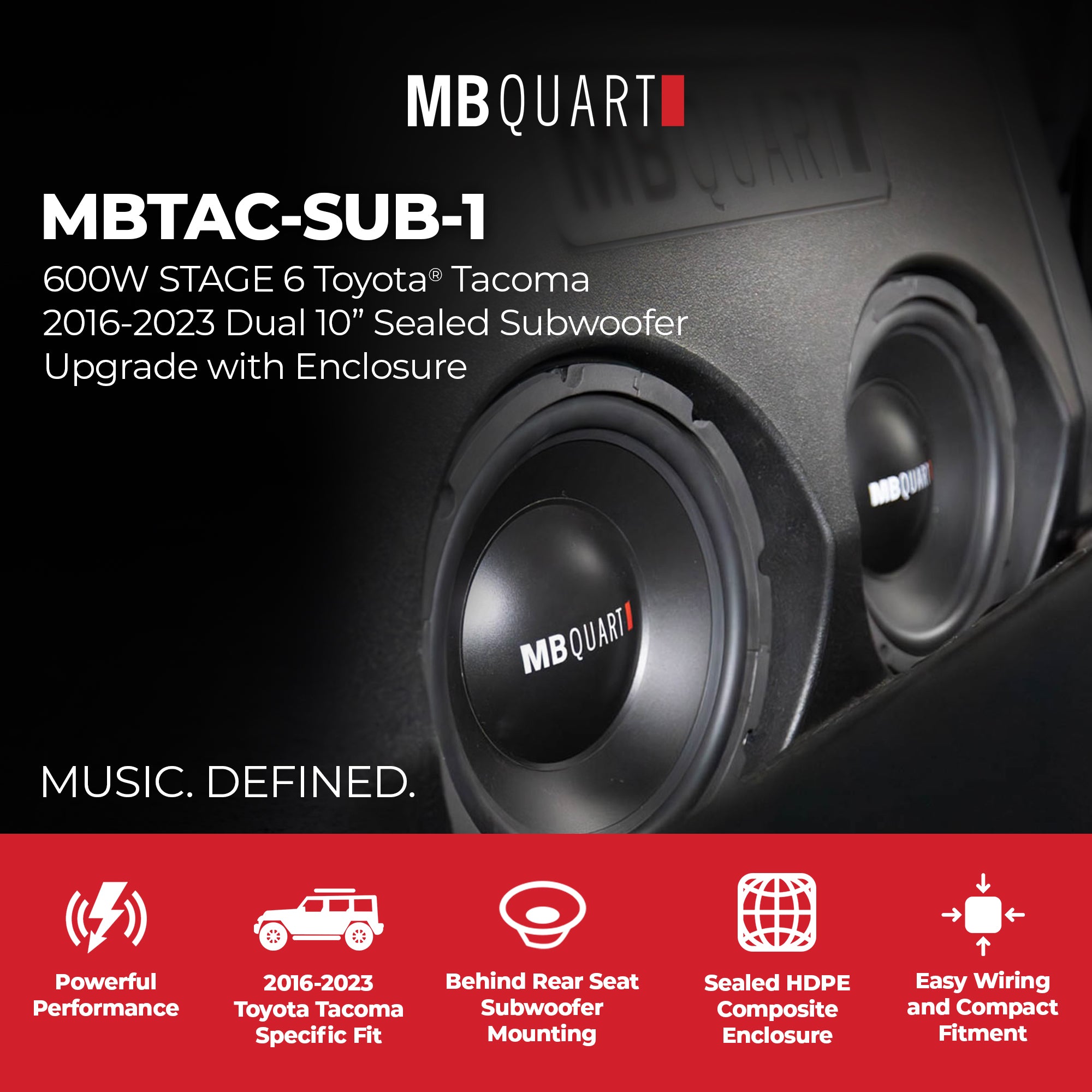 MB Quart Dual 10" Subwoofer Upgrade with Enclosure for 2016-2023 Toyota Tacoma - VMInnovations