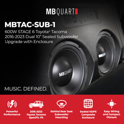 MB Quart Dual 10" Subwoofer Upgrade with Enclosure for 2016-2023 Toyota Tacoma - VMInnovations