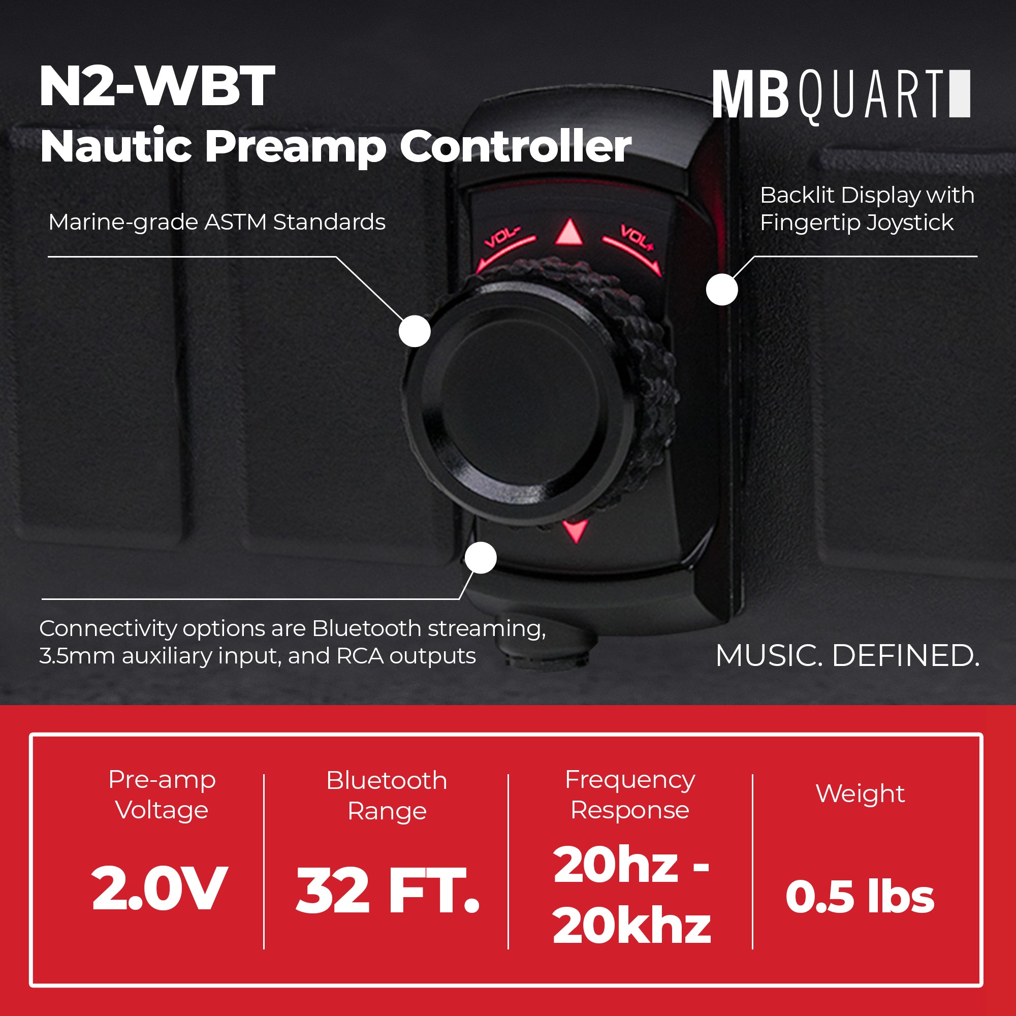 MB Quart Nautic Mounted Preamp Controller, Bluetooth, 3.5mm Aux and RCA Outputs - VMInnovations