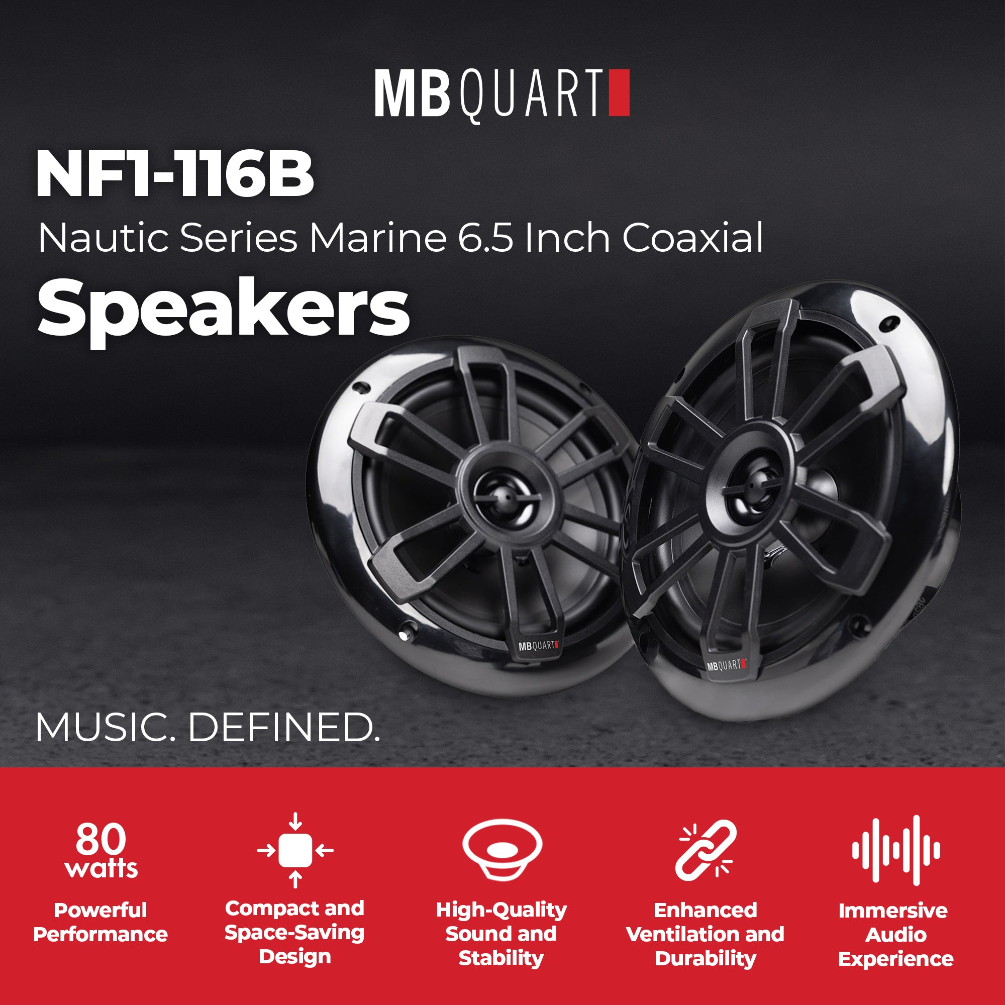 MB Quart NF1-116B Nautic Series Marine Coaxial Speakers, Pair, 6.5 Inches, Black - VMInnovations