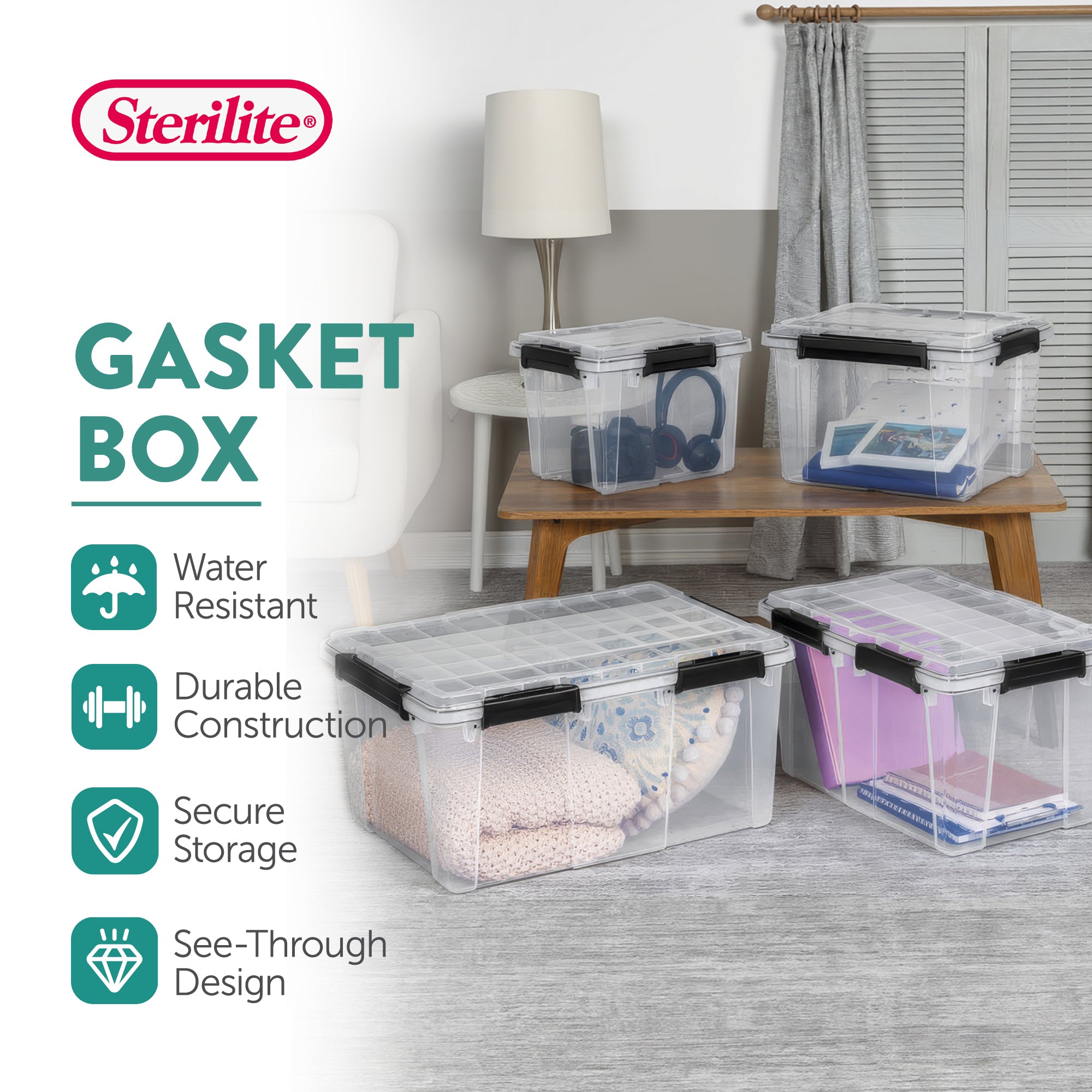 Sterilite 80Qt Gasket Box, Stackable Storage Container with Lids, Black, 12 Pack