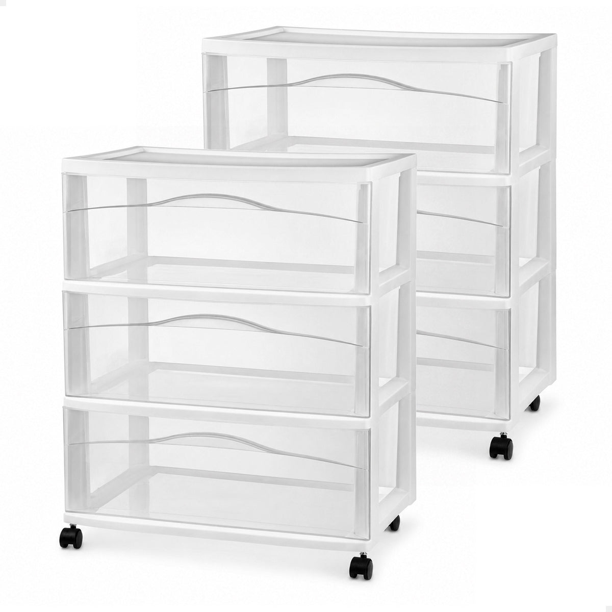 Sterilite Wide 3 Drawer Storage Cart, Plastic Rolling Organizer, White, 2 Pack