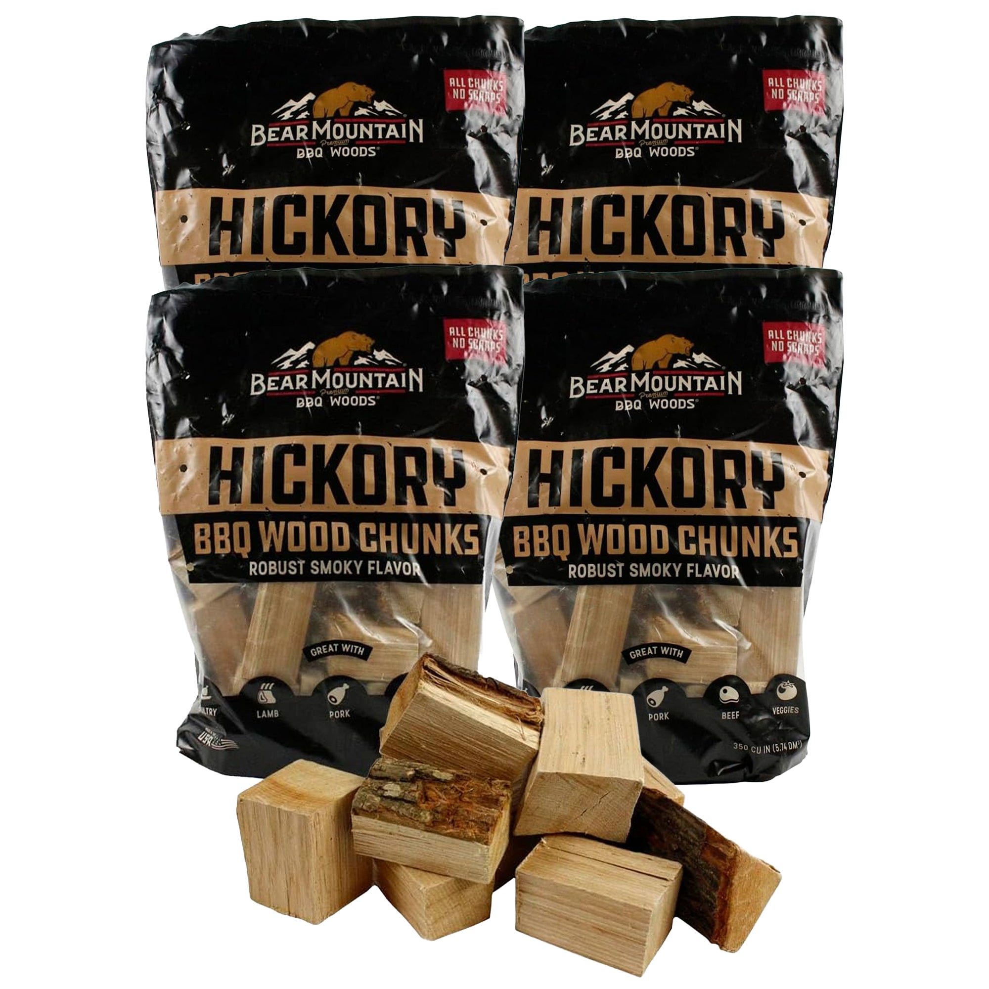 Bear Mountain BBQ Hickory BBQ Wood Chunks for Grilling, 4 lb Bag-Pack of 4