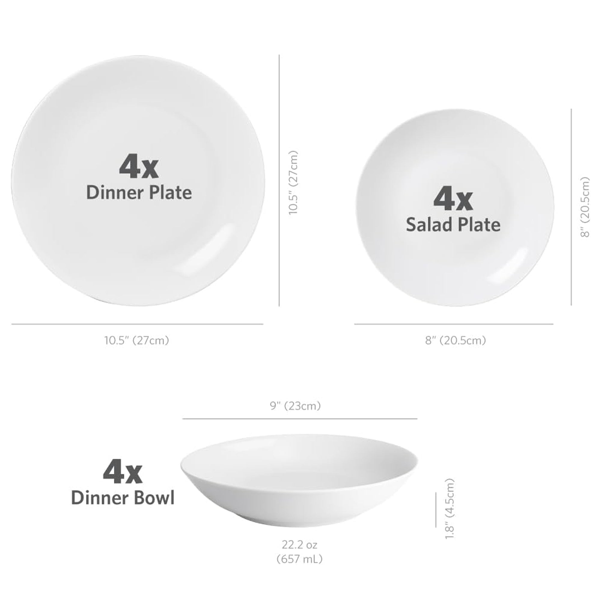 Glad 22-Pc Porcelain Dinnerware Set w/ Round Dishes, Plates, Bowls & Mugs, White