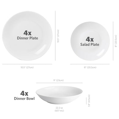 Glad 22-Pc Porcelain Dinnerware Set w/ Round Dishes, Plates, Bowls & Mugs, White